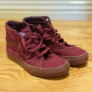 Maroon monochromatic high top vans